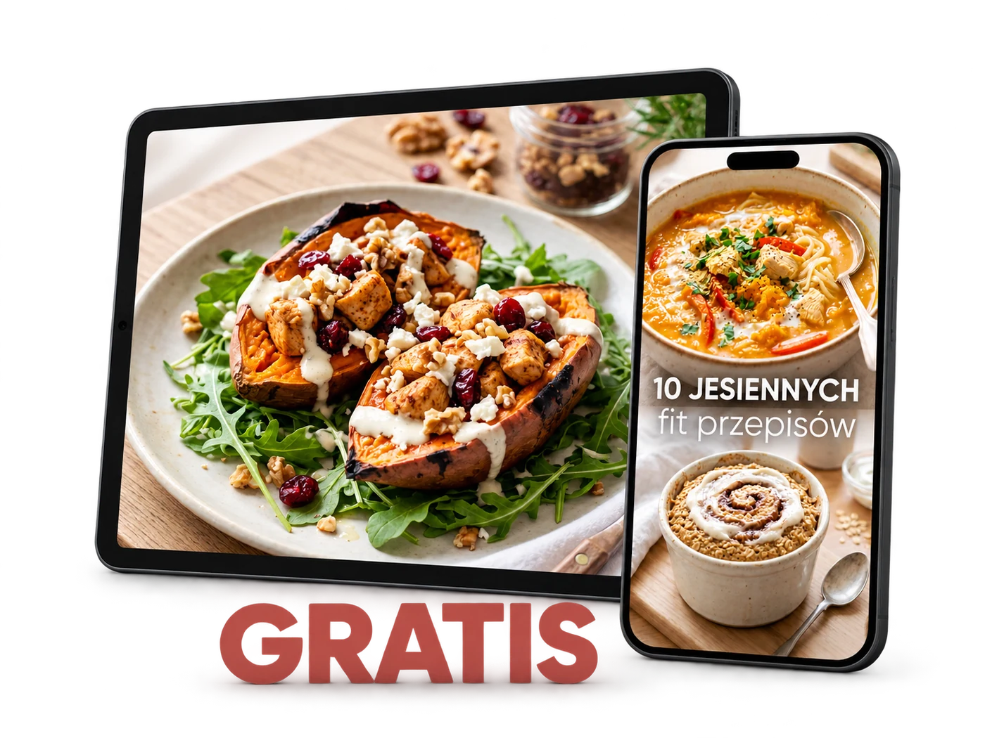 Ebook 10 jesiennych fit przepisów na telefonie i jesienne danie na tablecie