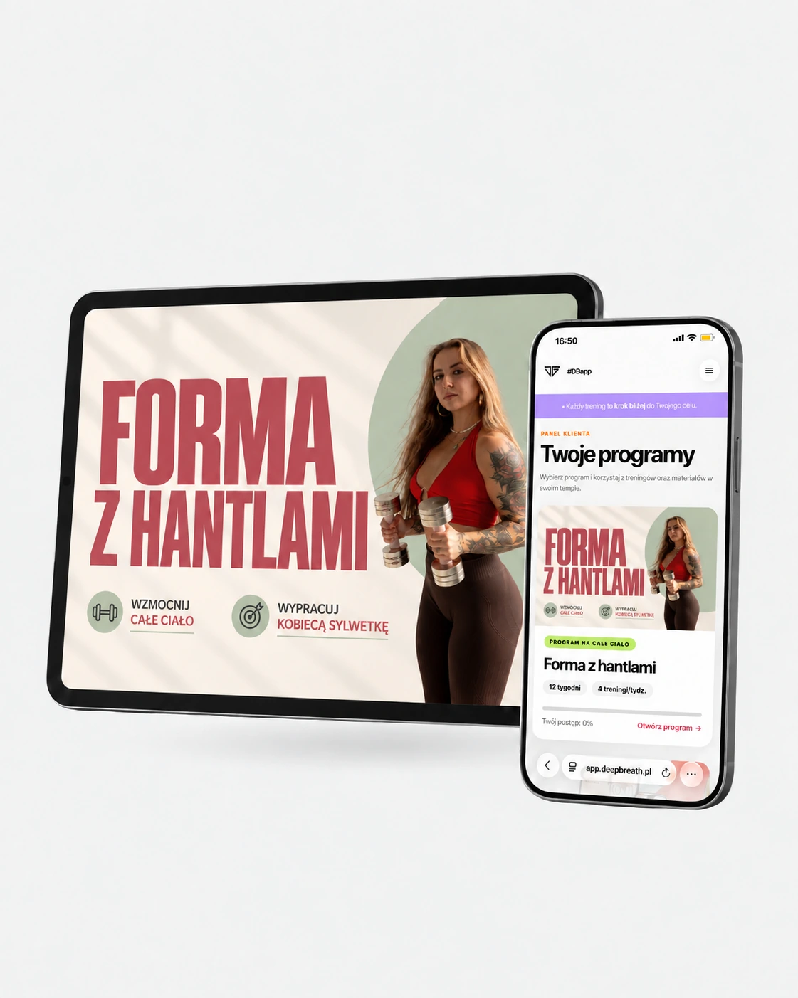 Program Forma z hantlami na tablecie i w aplikacji na telefonie
